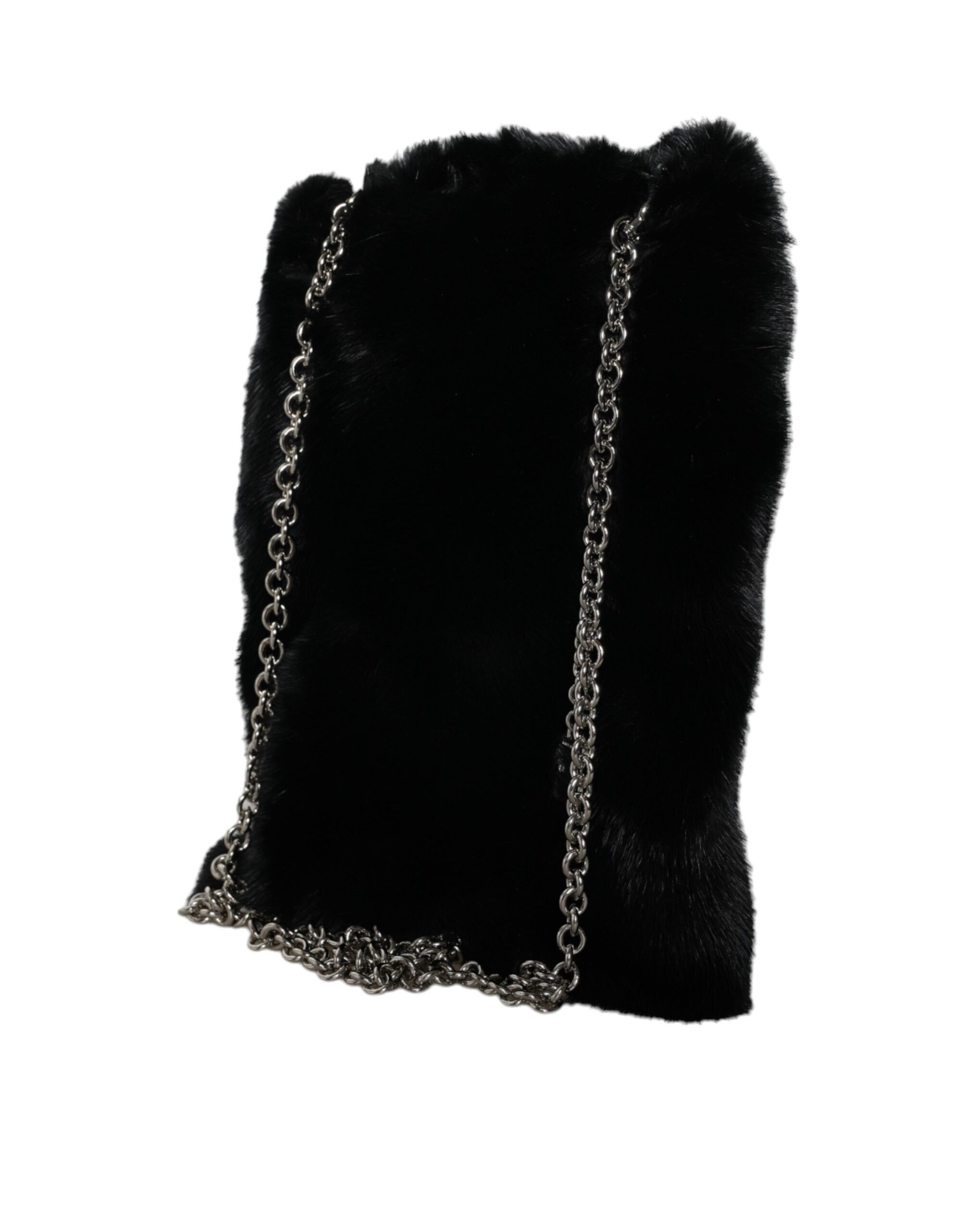 Dolce & Gabbana Black Faux Fur Silver Chain Crossbody Shoulder Bag Handbag